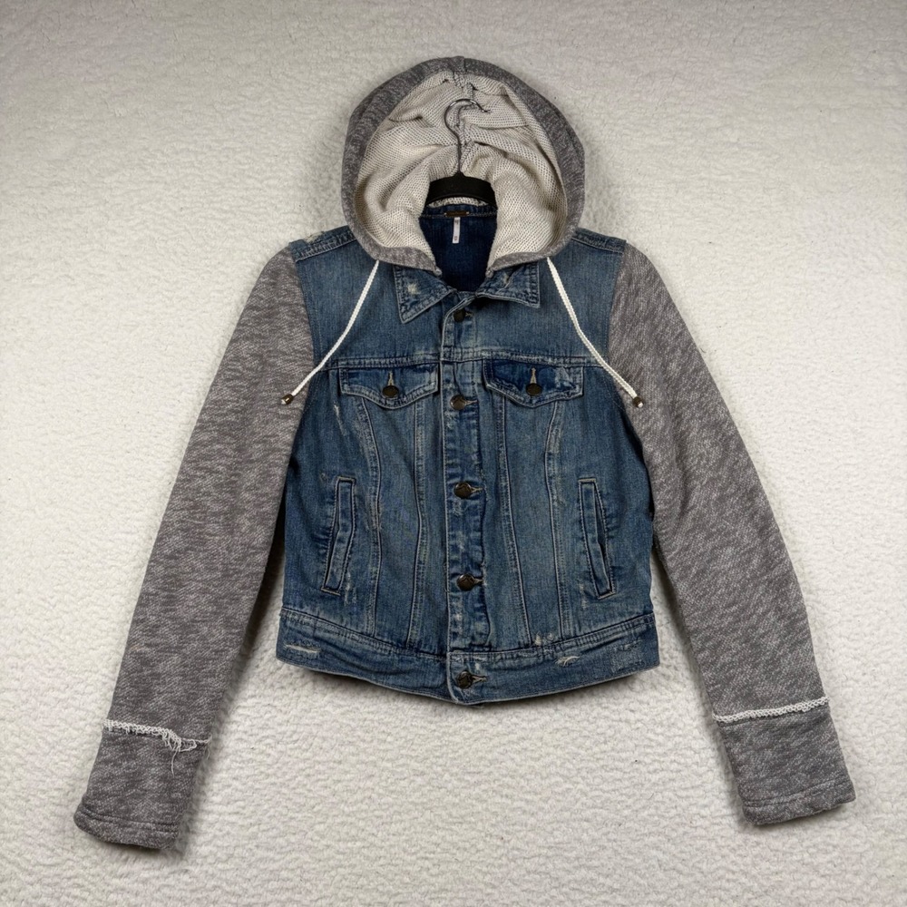 Free People Denim Jacket Womens Mixed Media Hooded Distressed XS Boho Indie